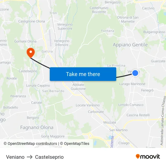 Veniano to Castelseprio map