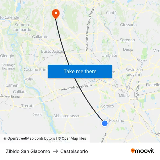 Zibido San Giacomo to Castelseprio map