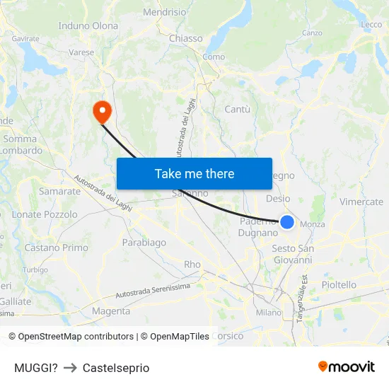 Muggiò to Castelseprio map