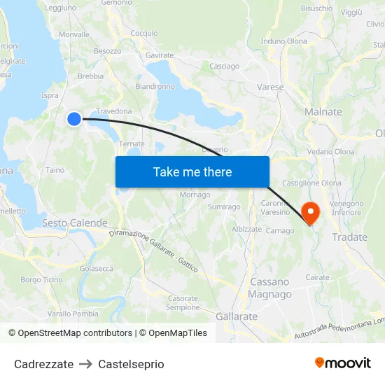 Cadrezzate to Castelseprio map