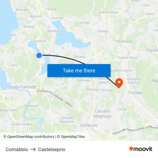 Comabbio to Castelseprio map