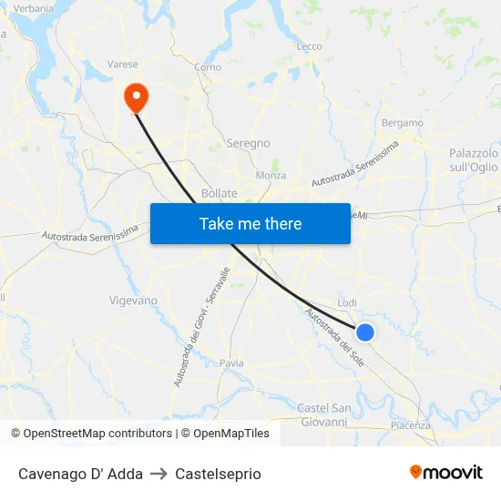 Cavenago D' Adda to Castelseprio map