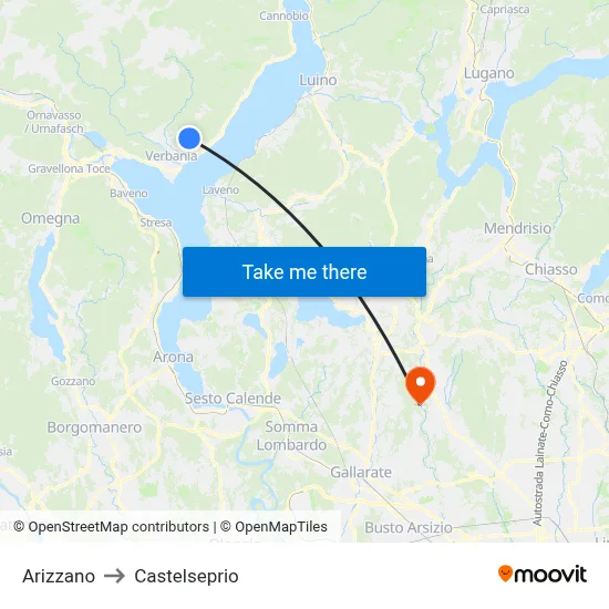 Arizzano to Castelseprio map