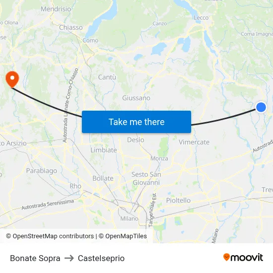 Bonate Sopra to Castelseprio map