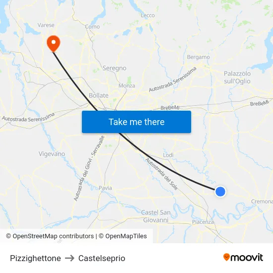 Pizzighettone to Castelseprio map