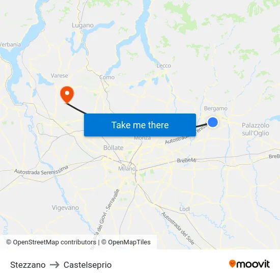 Stezzano to Castelseprio map