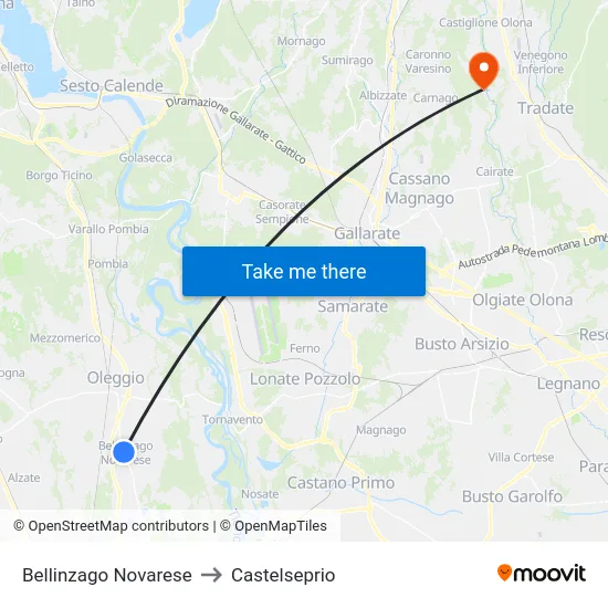 Bellinzago Novarese to Castelseprio map
