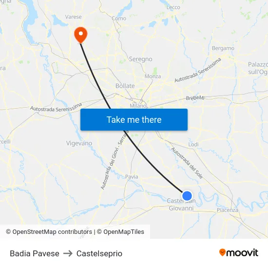 Badia Pavese to Castelseprio map