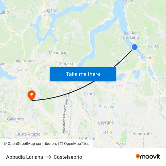 Abbadia Lariana to Castelseprio map