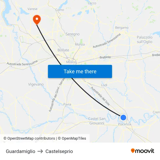 Guardamiglio to Castelseprio map