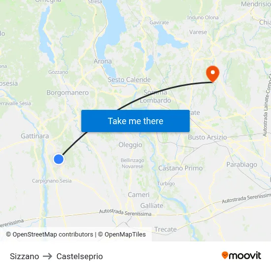 Sizzano to Castelseprio map