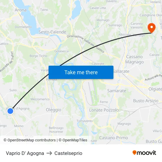 Vaprio D' Agogna to Castelseprio map