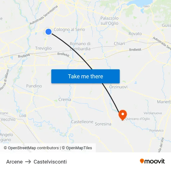 Arcene to Castelvisconti map