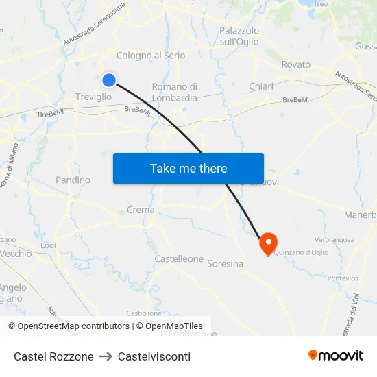 Castel Rozzone to Castelvisconti map