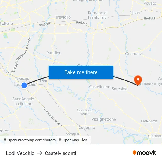 Lodi Vecchio to Castelvisconti map