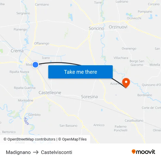 Madignano to Castelvisconti map