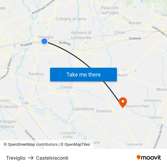 Treviglio to Castelvisconti map
