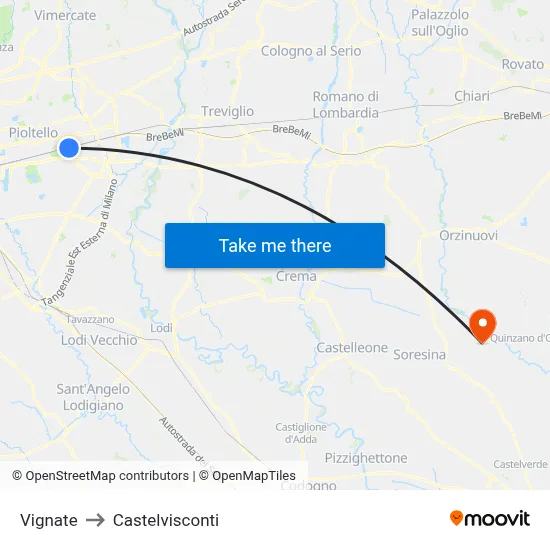 Vignate to Castelvisconti map