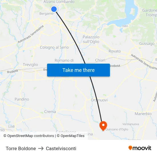 Torre Boldone to Castelvisconti map