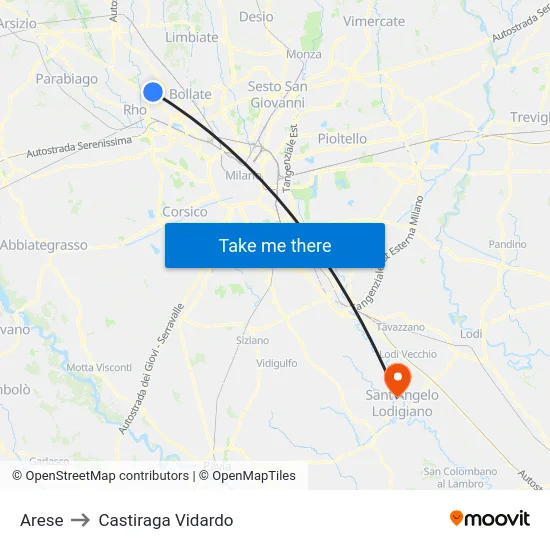 Arese to Castiraga Vidardo map