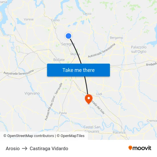 Arosio to Castiraga Vidardo map
