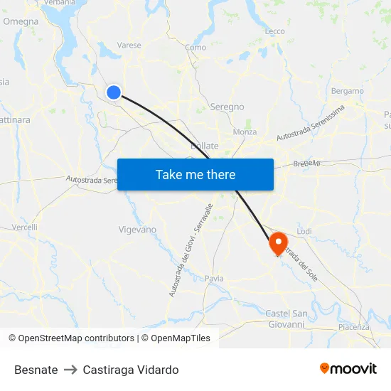 Besnate to Castiraga Vidardo map