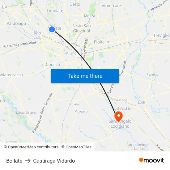 Bollate to Castiraga Vidardo map