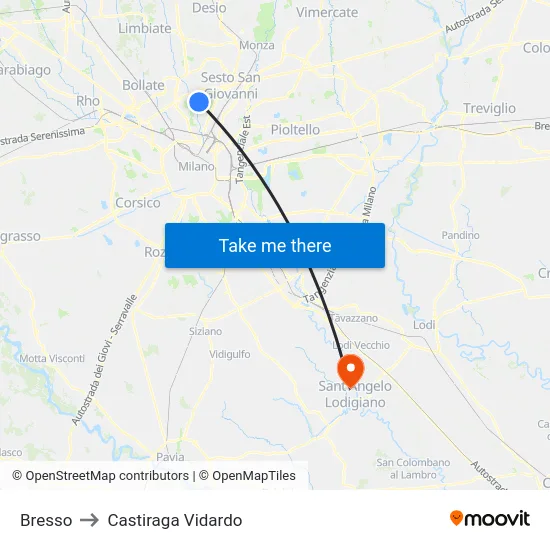 Bresso to Castiraga Vidardo map