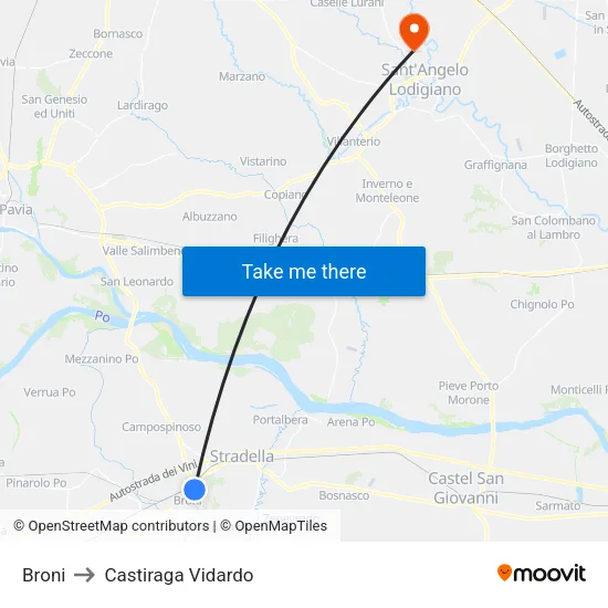 Broni to Castiraga Vidardo map
