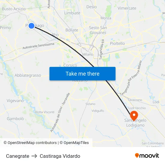 Canegrate to Castiraga Vidardo map