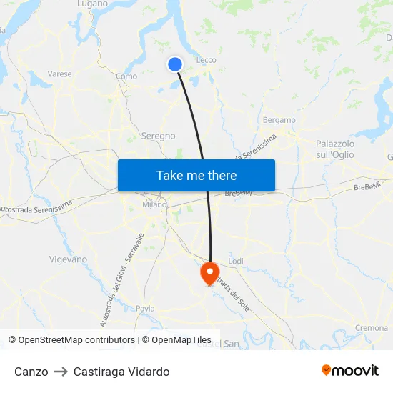 Canzo to Castiraga Vidardo map