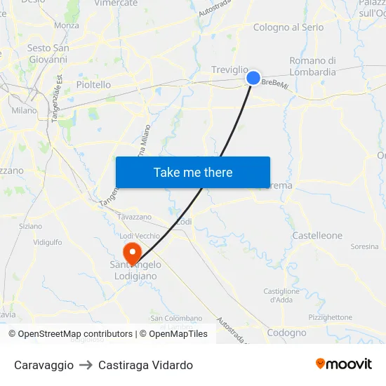 Caravaggio to Castiraga Vidardo map
