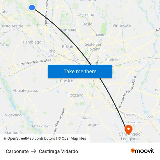 Carbonate to Castiraga Vidardo map
