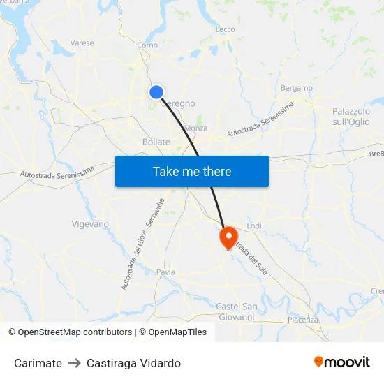 Carimate to Castiraga Vidardo map