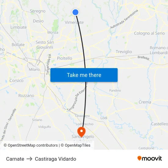Carnate to Castiraga Vidardo map