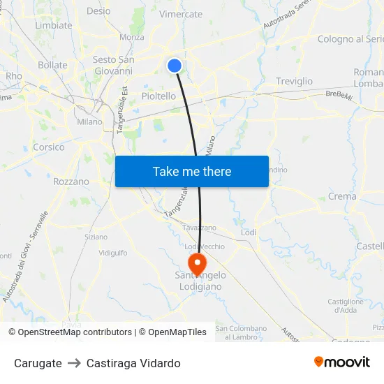 Carugate to Castiraga Vidardo map