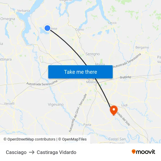 Casciago to Castiraga Vidardo map