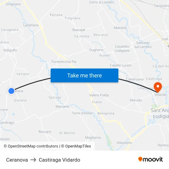 Ceranova to Castiraga Vidardo map