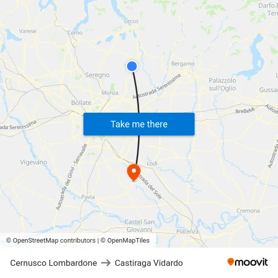 Cernusco Lombardone to Castiraga Vidardo map