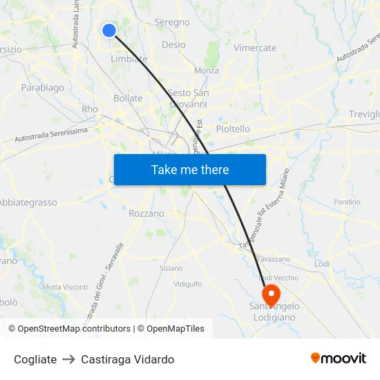 Cogliate to Castiraga Vidardo map