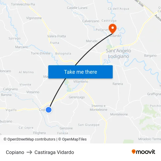 Copiano to Castiraga Vidardo map