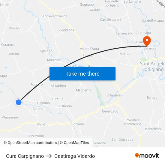 Cura Carpignano to Castiraga Vidardo map