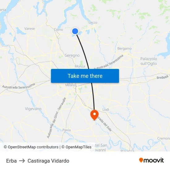 Erba to Castiraga Vidardo map