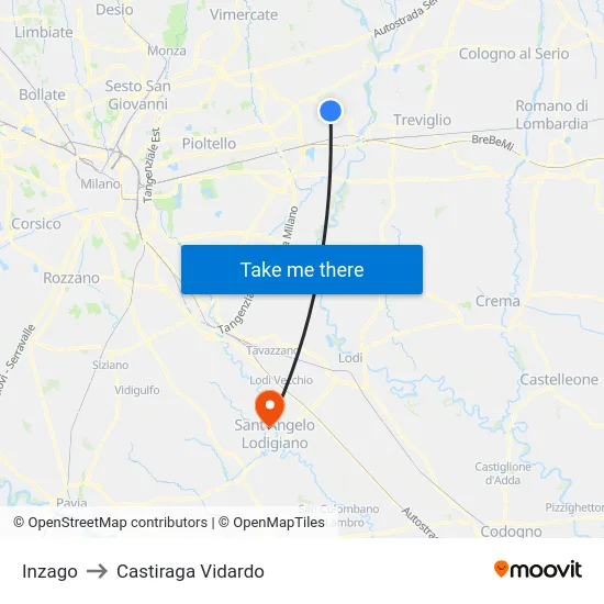 Inzago to Castiraga Vidardo map