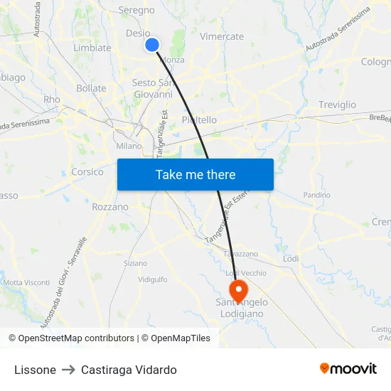 Lissone to Castiraga Vidardo map