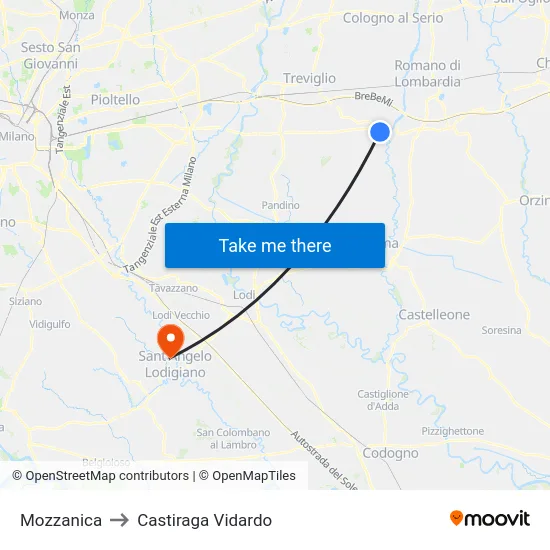 Mozzanica to Castiraga Vidardo map