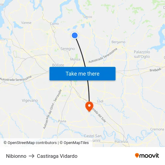 Nibionno to Castiraga Vidardo map
