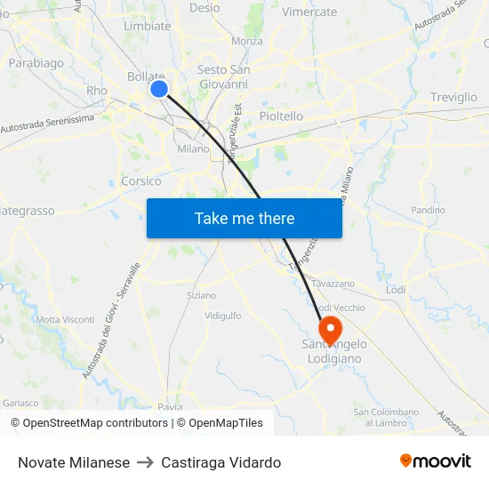 Novate Milanese to Castiraga Vidardo map