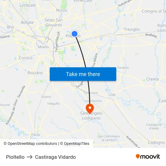 Pioltello to Castiraga Vidardo map