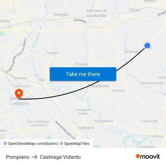 Pompiano to Castiraga Vidardo map
